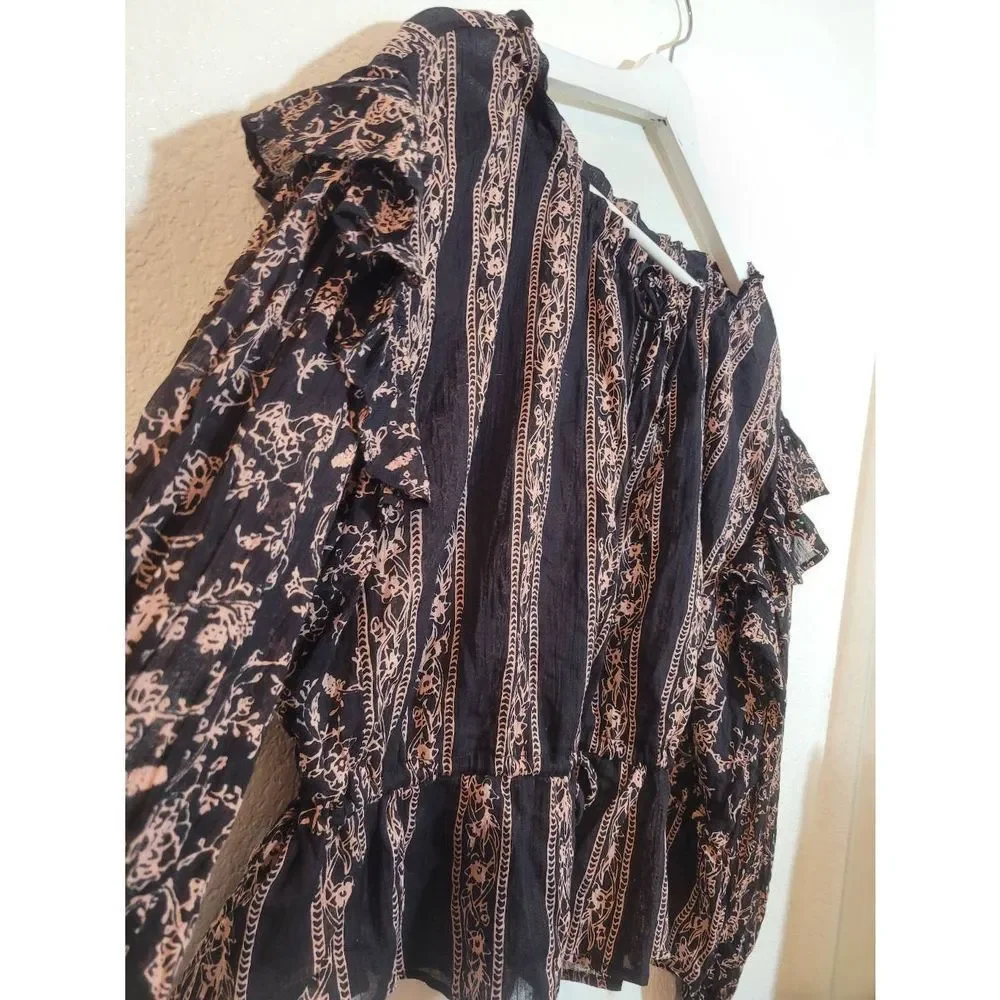 Free People Floral Peplum Blouse Ruffled Sleeves Size XS TP Black Tan - Picture 2 of 5